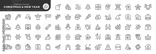Christmas line icon set. New year, xmas, santa claus, christmas tree, holiday, gift, snowman, elf, angel. Outline vector icon in linear style. Conceptual pictogram collection.