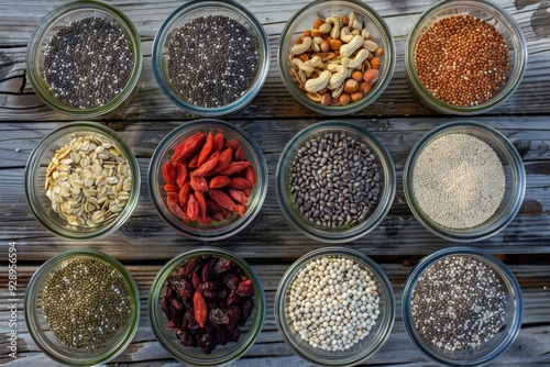 Assortment of superfoods in wooden bowls, including seeds and goji berries