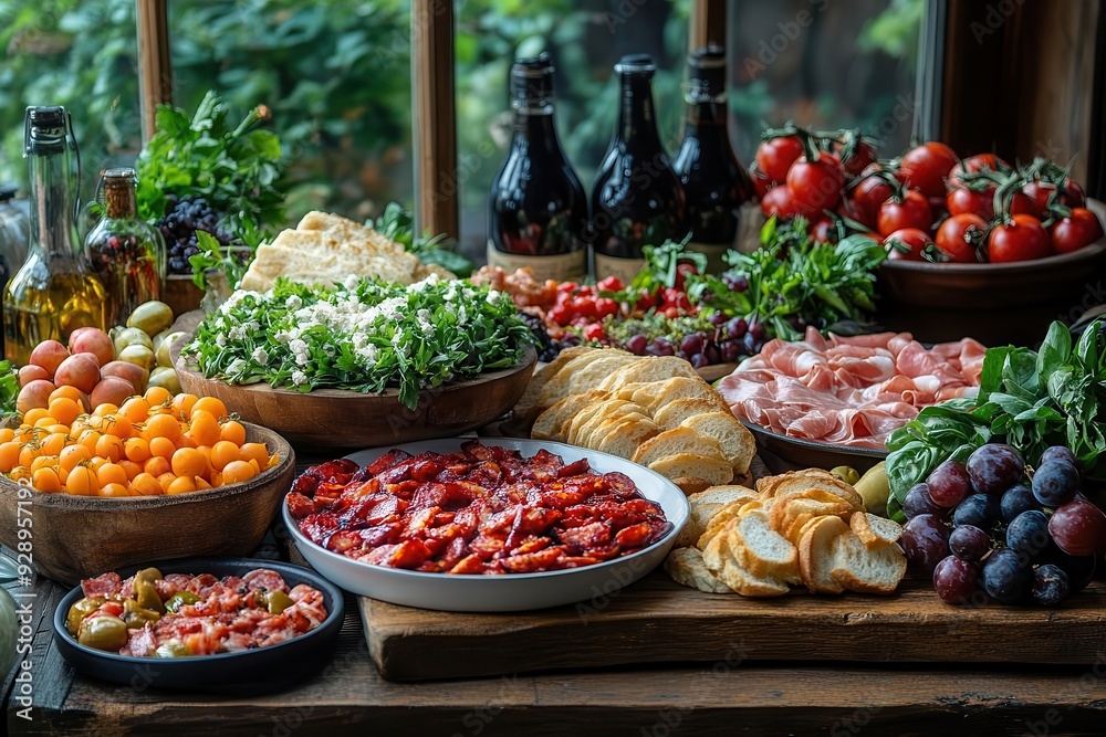 vibrant tapas spread dramatic lighting rustic wooden table focus on textures and colors vibrant tapas spread dramatic lighting rustic wooden table focus on textures and colors