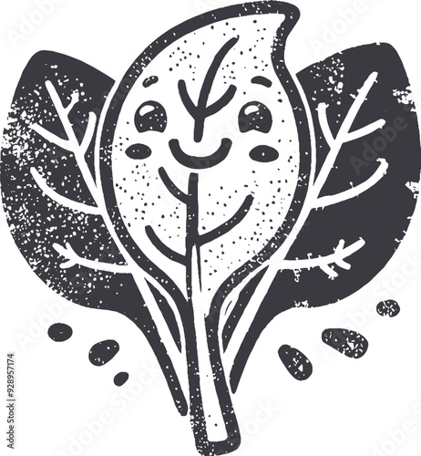 Grunge-Style Spinach Smiling Vegetable Character with Texture, Rough Hand-Drawn with Grainy Print Effect.
