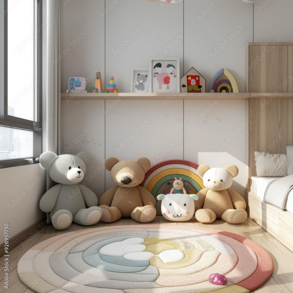 Fototapeta premium A modern minimalist children's room featuring a few carefully placed stuffed toys. The room is bathed in soft light streaming in from a left-side window, creating a warm and inviting atmosphere. 