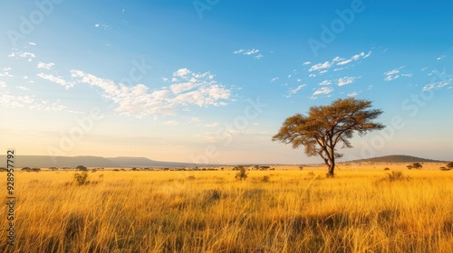 Golden Hour Magic in African Savannah - Awe-Inspiring Landscape with Warm Hues and Long Shadows