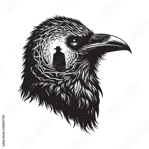silhouette of raven filled with vintage horror movie poster in rough drawing