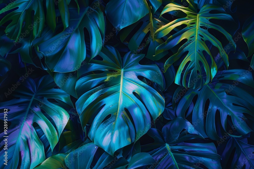 Tropical leaves illuminated with blue and green light Tropical leaves illuminated with blue and green light
