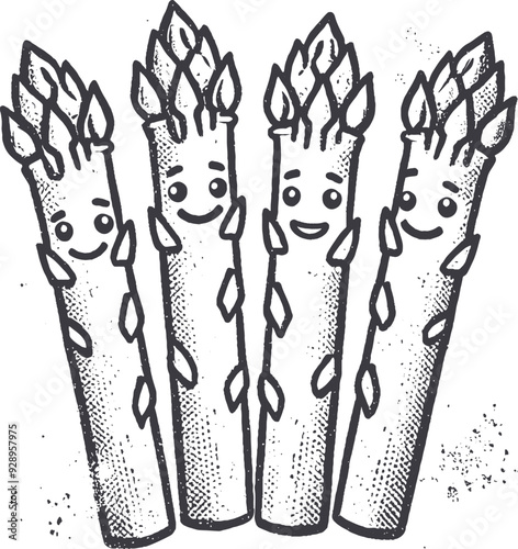 Grunge-Style Asparagus Smiling Vegetable Character with Texture, Rough Hand-Drawn with Grainy Print Effect.