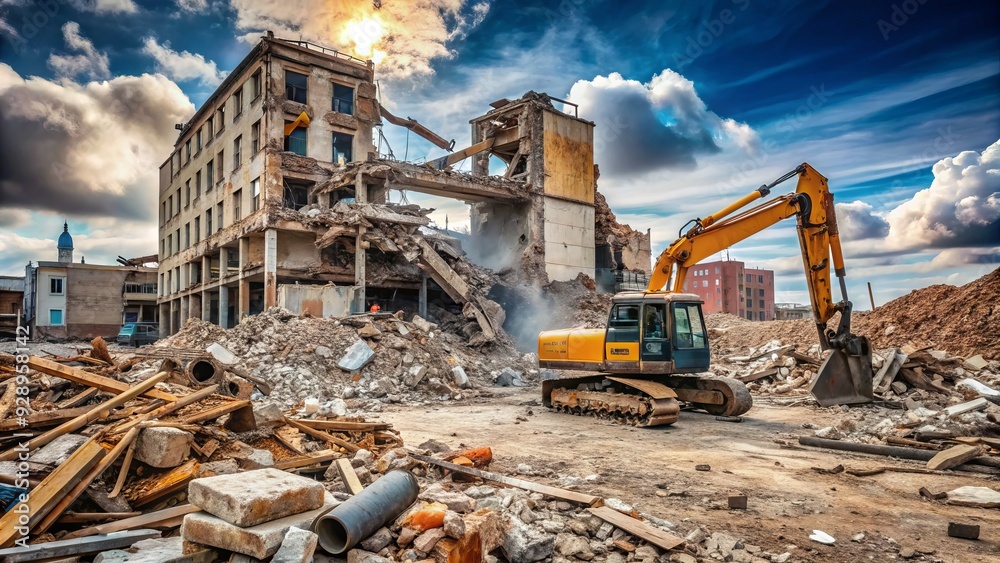 Heavy machinery and rubble litter a barren demolition site, with a crumbling building facade and twisted metal remains in the background. Heavy machinery and rubble litter a barren demolition site, with a crumbling building facade and twisted metal remains in the background.