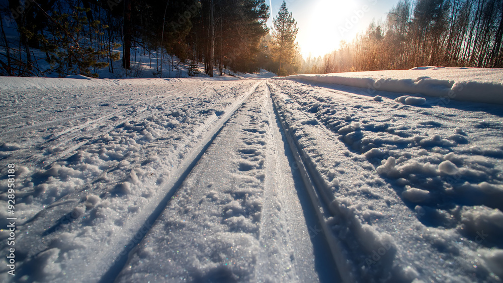 Fototapeta premium Sunny morning in a winter snowy forest. Frosty morning. Frost falls from the trees. The ski track is covered with snow.