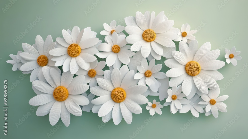 Obraz premium A decorative arrangement of white daisies with yellow centers on a soft green background.
