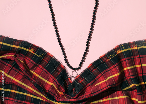 Heart shaped neckline, tartan pattern
