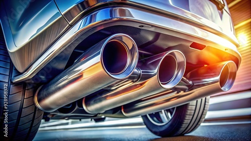 High-angle view of a car's exhaust system, featuring a shiny muffler, pipes, and catalytic converter, highlighting the vehicle's performance and emission control features. photo