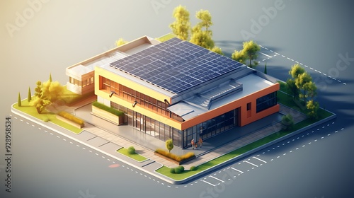Sleek and sustainable 3D rendering of a school building with integrated solar panels in isometric view.