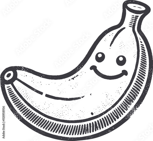 Grunge-Style Banana Smiling Fruit Character with Texture, Rough Hand-Drawn with Grainy Print Effect.
