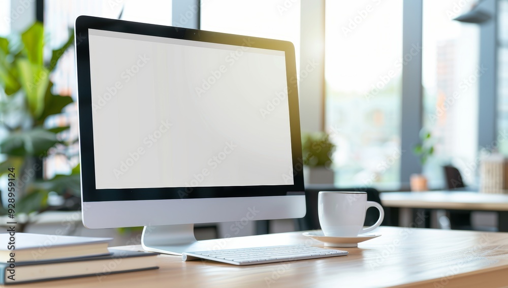 blank white screen on the desk, in an office background, a coffee cup and books beside it blank white screen on the desk, in an office background, a coffee cup and books beside it