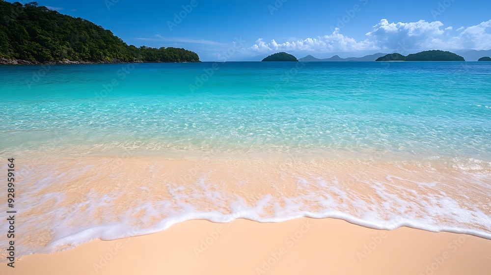 Tranquil Tropical Beach with Foamy Waves and Distant Islands Tranquil Tropical Beach with Foamy Waves and Distant Islands