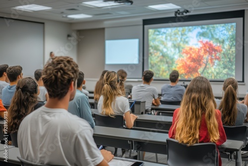 A classroom full of students sitting at desks and watching a projector screen. Scene is one of learning and education
