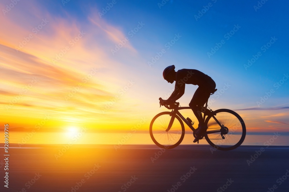 Fototapeta premium Silhouetted Cyclist Riding at Sunset Along Coastal Road With Vivid Sky