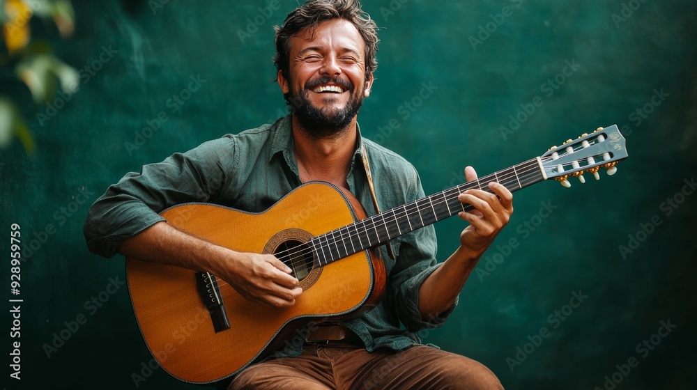 Obraz premium A photo of a happy man cheerfully playing a guitar, isolated on a dark green background