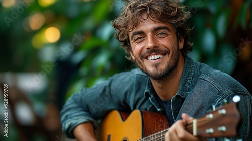 A photo of a happy man cheerfully playing a guitar, isolated on a dark green background photo