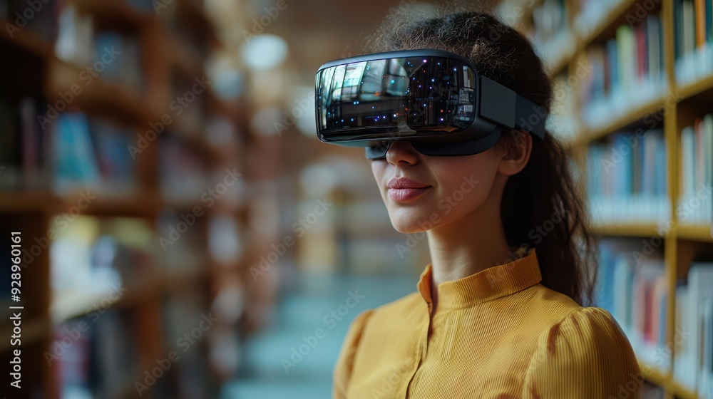 A woman wearing a yellow shirt is wearing a virtual reality headset. She is standing in a library surrounded by books A woman wearing a yellow shirt is wearing a virtual reality headset. She is standing in a library surrounded by books