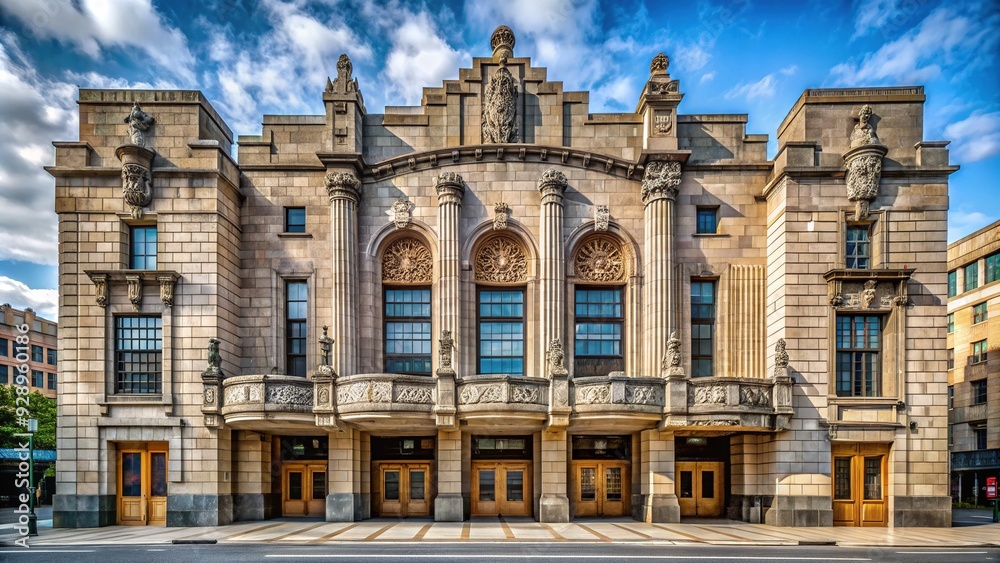 Fototapeta premium Historic brutalist-style theater building with imposing stone facade, ornate details, and grand entrance, evoking a sense of cultural sophistication and artistic heritage.