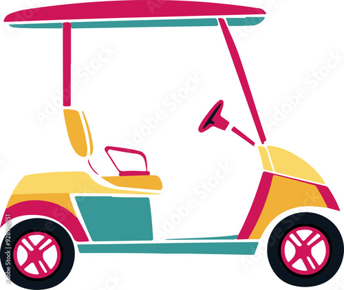 A colorful golf cart with a pink and yellow seat and a pink