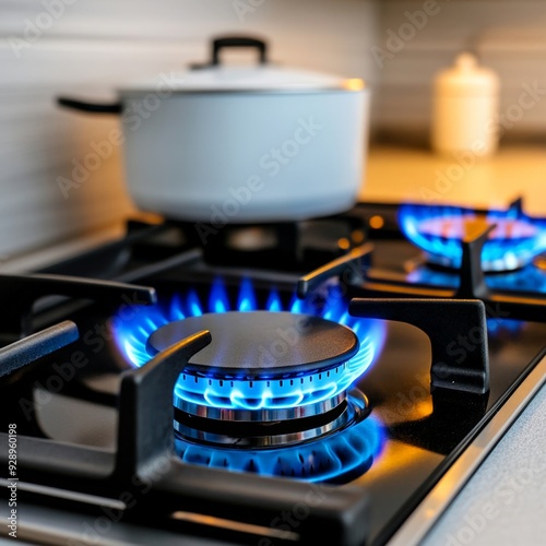 Modern Gas Stove with Blue Flames Heating a White Cooking Pot in Kitchen