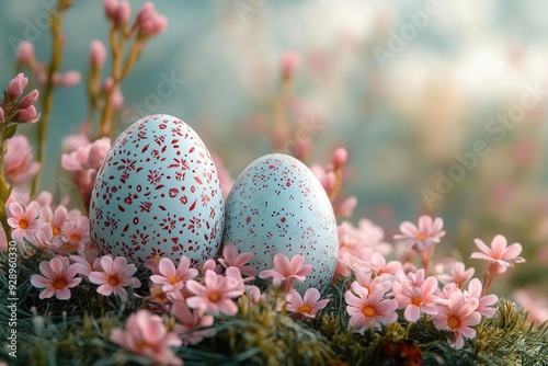 whimsical arrangement of easter eggs pastel colors with intricate patterns nestled in spring flowers soft focus background