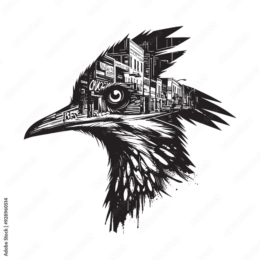 Naklejka premium silhouette of Roadrunner filled with graffiti street wall in rough drawing