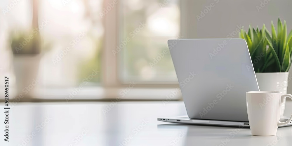 Fototapeta premium laptop and coffee cup on white table in bright office, blurred background of modern home interior with window.