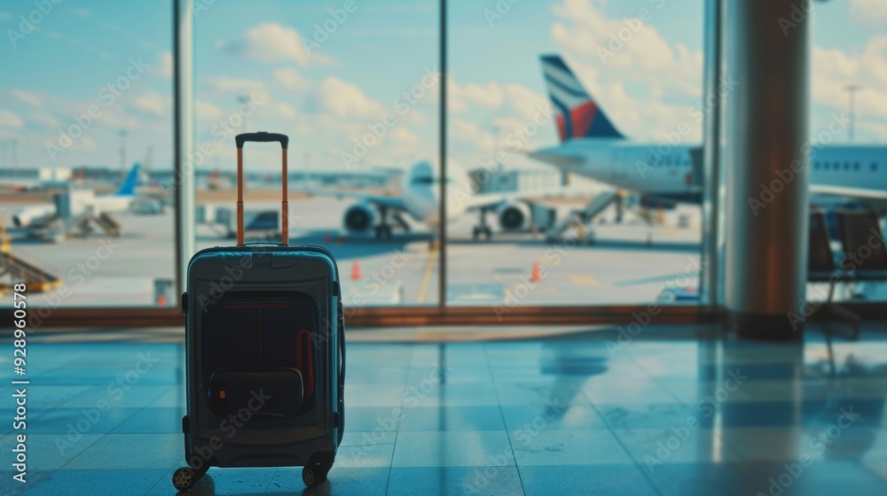 Obraz premium Suitcase, travel bag in airport. Airplane outside window. Travel background illustration generated by ai