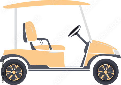 A yellow golf cart with a yellow top and a black steering wheel