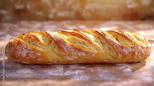 A 3D baguette with a crispy crust on a soft background, representing traditional bakery goods photo