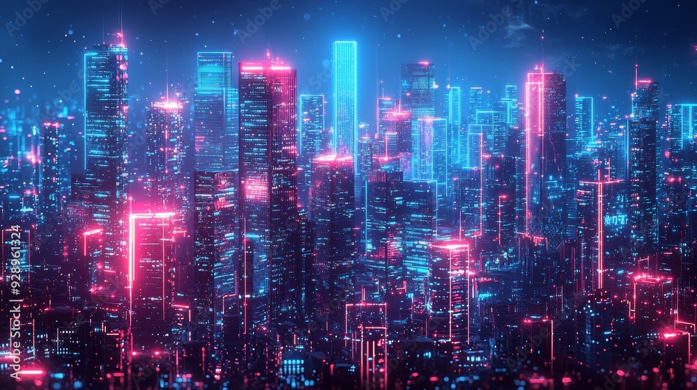 A neon-lit smart city with energy-efficient buildings and voice-controlled systems A neon-lit smart city with energy-efficient buildings and voice-controlled systems