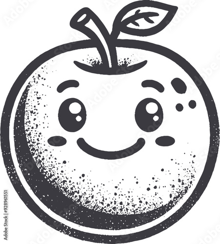Grunge-Style Apple Smiling Fruit Character with Texture, Rough Hand-Drawn with Grainy Print Effect.