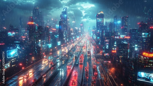 Wallpaper Mural A futuristic city with holographic entertainment displays and intelligent AI traffic management Torontodigital.ca