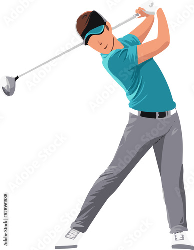A man in a blue shirt and gray pants is swinging a golf club