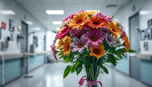 Bouquet of flowers in a hospital room isolated with white highlights, png photo