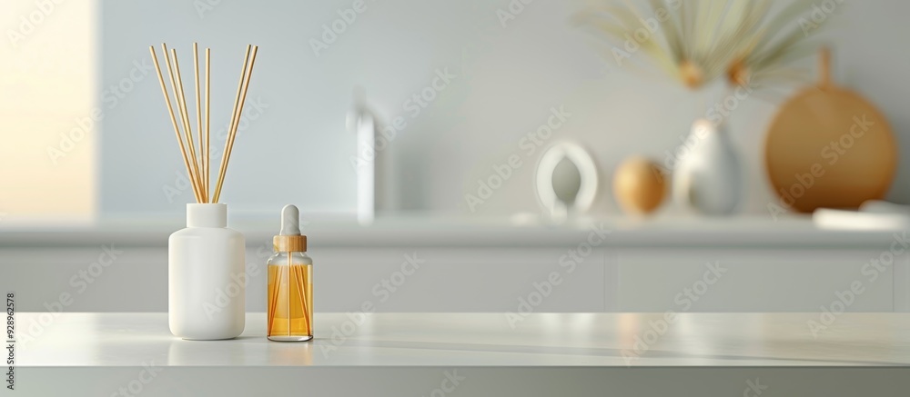 blur background of an empty countertop with a reed diffuser and cream tube on a white kitchen counter blur background of an empty countertop with a reed diffuser and cream tube on a white kitchen counter