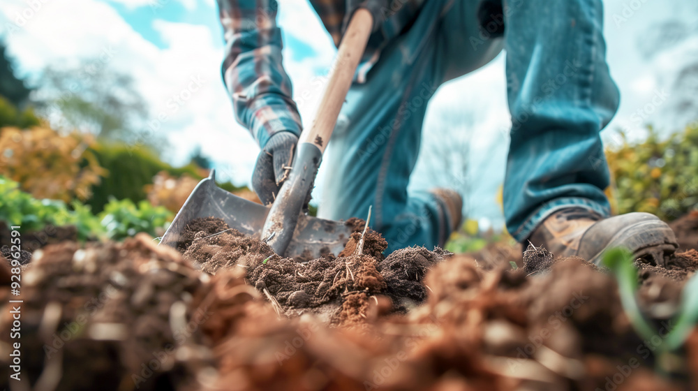 Obraz premium Man Digs the Ground With a Shovel