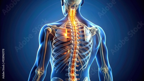 Illuminated 3D illustration of the human spine and spinal cord, showcasing vertebrae, discs, and nerve roots in intricate anatomical detail against a dark blue background. photo