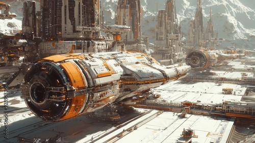 A sci-fi inspired spaceport with futuristic spacecraft and advanced docking systems