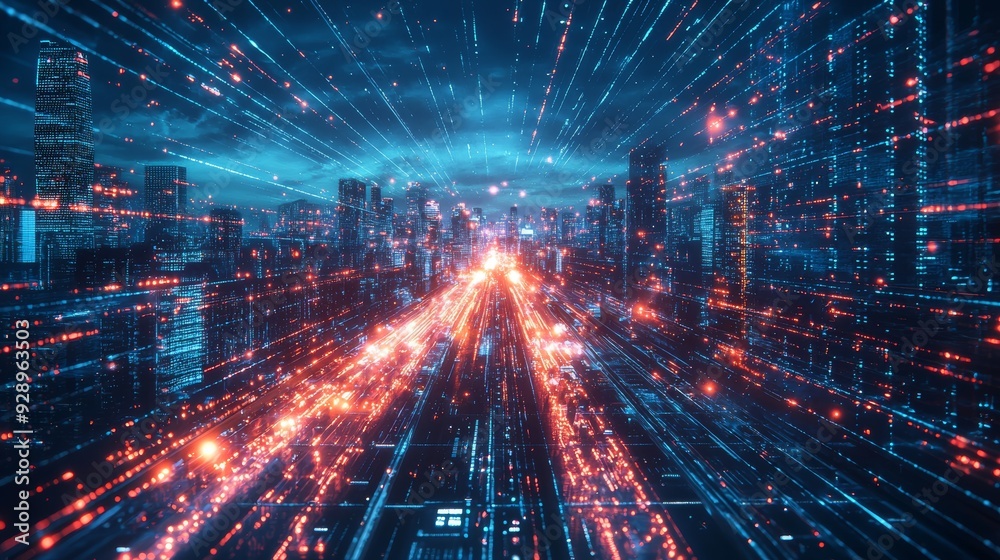 Fototapeta premium A futuristic city with holographic entertainment displays and intelligent AI traffic management