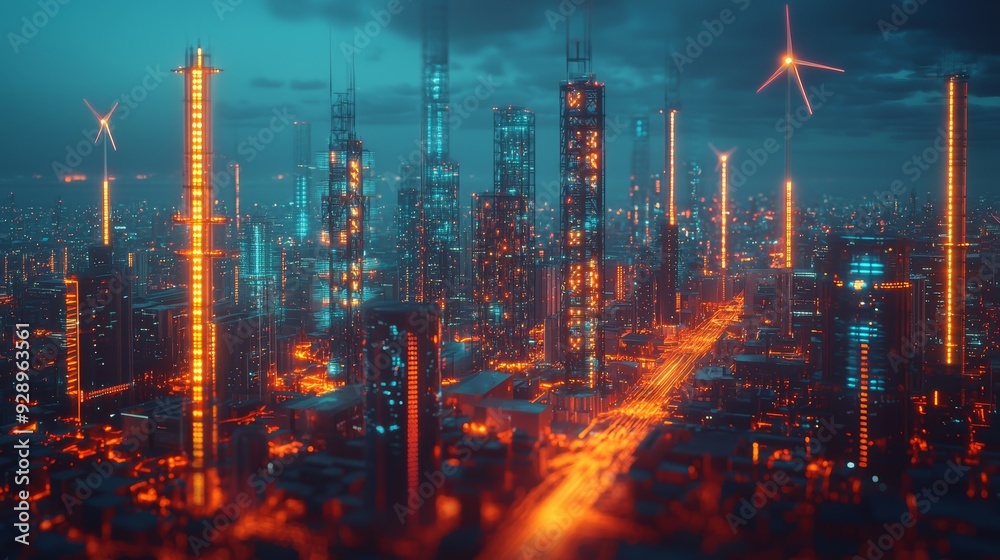 Obraz premium A futuristic energy hub with neon-lit power plants and advanced renewable energy sources