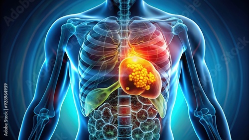 Illustration of a human liver with cancer cells and symptoms such as yellowed skin, dark urine, and abdominal pain highlighted in red. photo