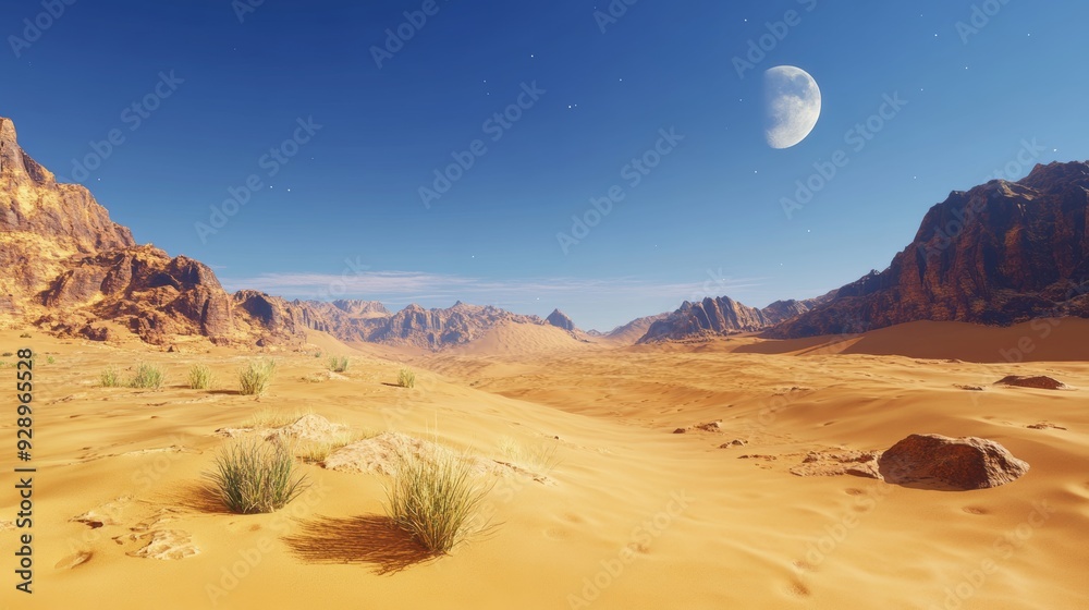 Fototapeta premium Vast, arid desert, golden sand dunes, endless horizons, high quality, photorealistic, tranquil, remote, camel caravan, nomadic, breathtaking, clear blue sky, oasis, solitude