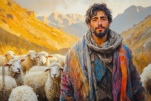 joseph in a vibrant multicolored coat stands proudly amidst a flock of fluffy sheep rolling hills and a golden sunset in the background painterly style with bold brushstrokes and rich colors