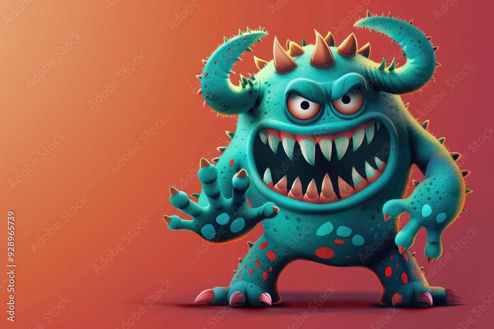 A colorful illustration of a cartoon monster with sharp teeth set against a bright red background