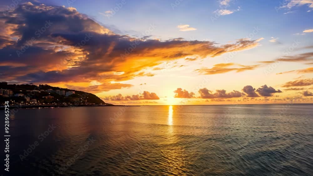 Peaceful Sunset Over Calm Bay with Reflecting Clouds and Warm Sky Peaceful Sunset Over Calm Bay with Reflecting Clouds and Warm Sky