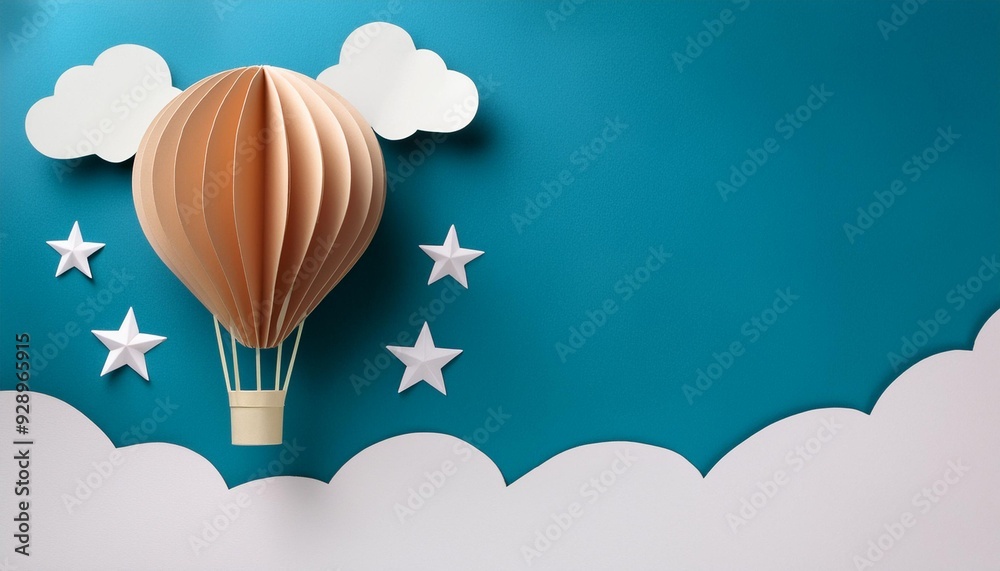 hot air balloon flying with white cloud and green sky background Stock ...