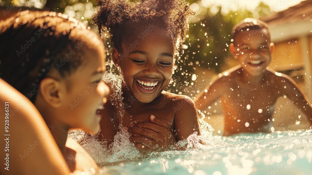 Obraz premium Three kids splash water and laugh together, enjoying a fun day in the pool under the sun